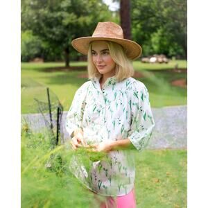 Holly Shae White & Green Tulip Floral Print Puff Sleeve Tunic Blouse Preppy